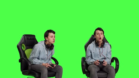 gamer feeling angry about losing video games competition against greenscreen