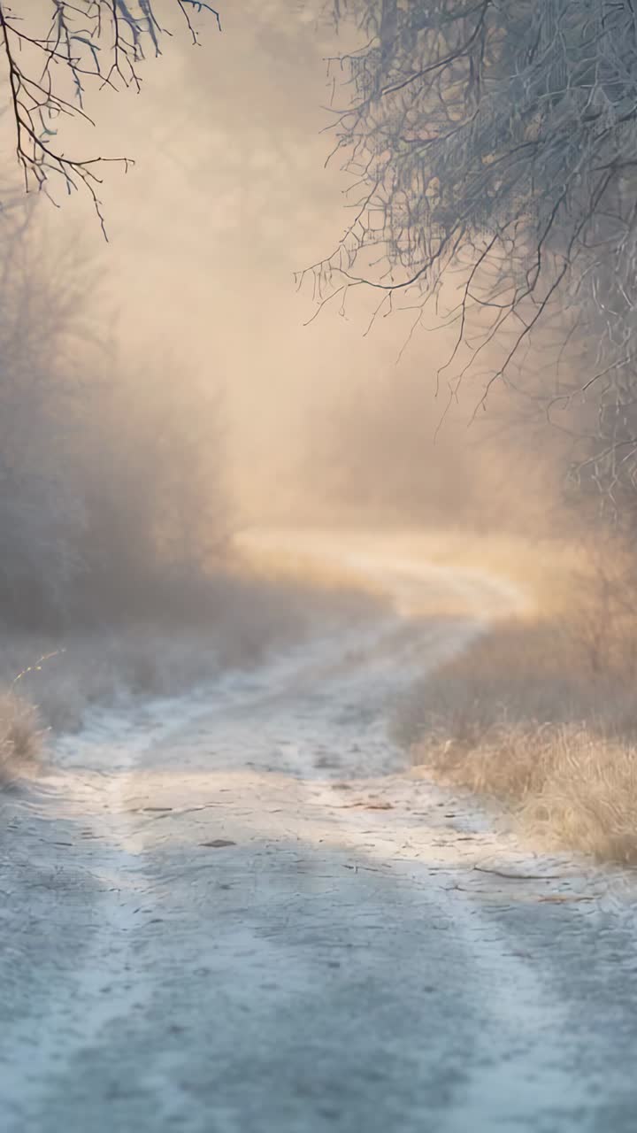 Vertical video: Sun rising causing mist drifting over winding country track with tire tracks, trees
