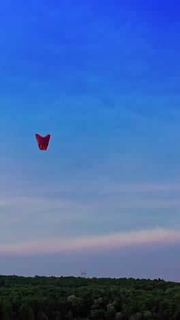 paper lanterns floating in sky. aerial view of single floating lantern against forest. vertical video