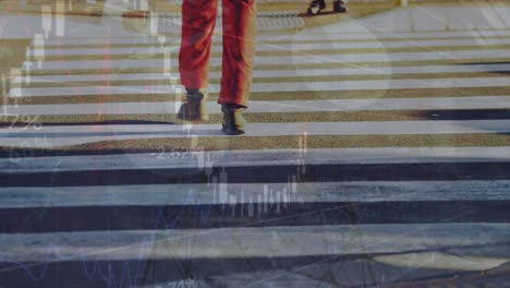 animación del procesamiento de datos financieros sobre personas que caminan por la calle y pilares eléctricos.