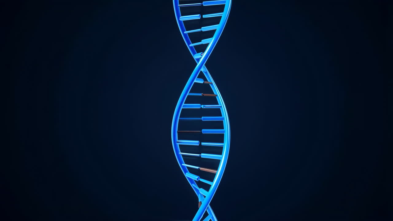 Elica di DNA blu brillante che ruota lentamente su uno sfondo scuro sfumato, con filamenti al neon e pioli luminosi