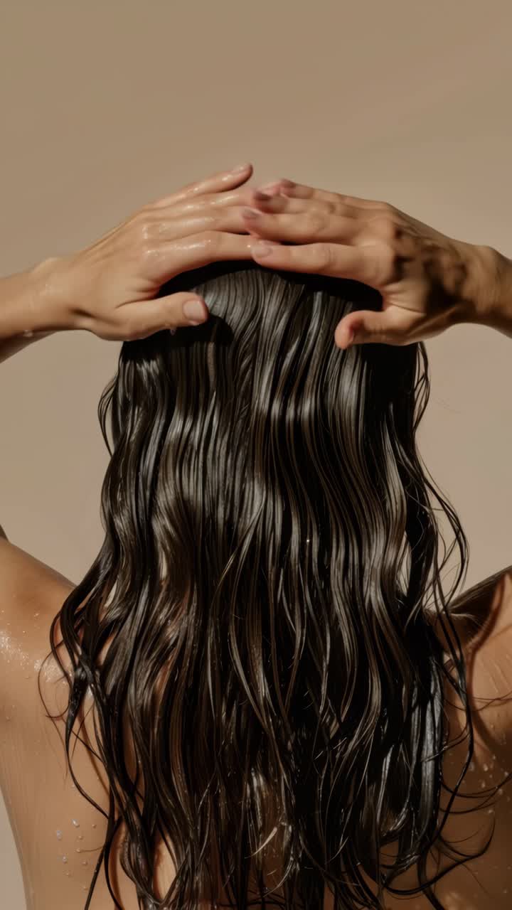 A close-up, rear-view video still of a person running fingers through wet, glossy hair