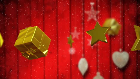 animation of gold christmas decoration on red background