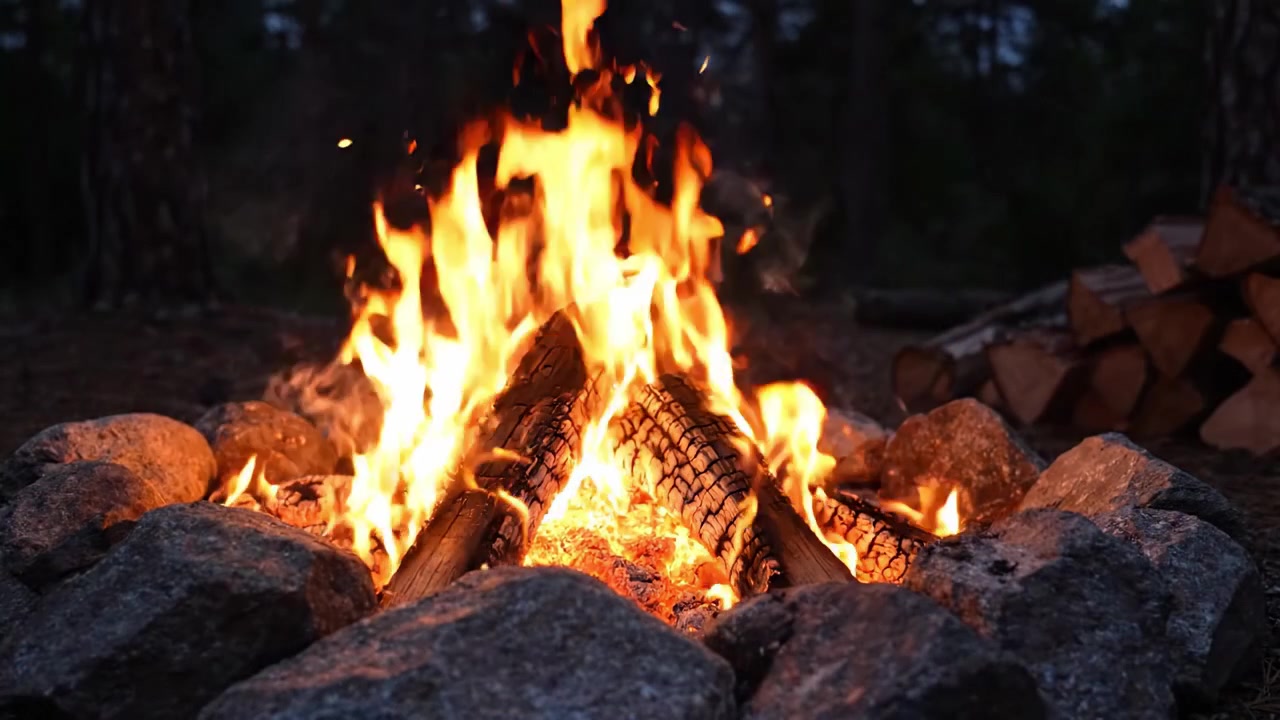 Un Accogliente Falò Circondato da Pietre e Tronchi, Fiamme Calde che Danzano Tra le Rocce in un Ambiente Forestale Sereno, Perfetto per Ritrovi Serali