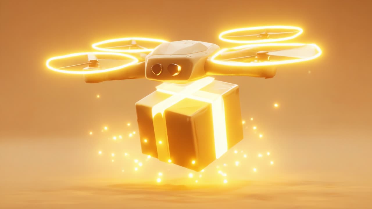 An imaginative rendering of a futuristic drone delivering a glowing gift box. The scene showcases sparkling effects, emphasizing a magical and advanced technology concept