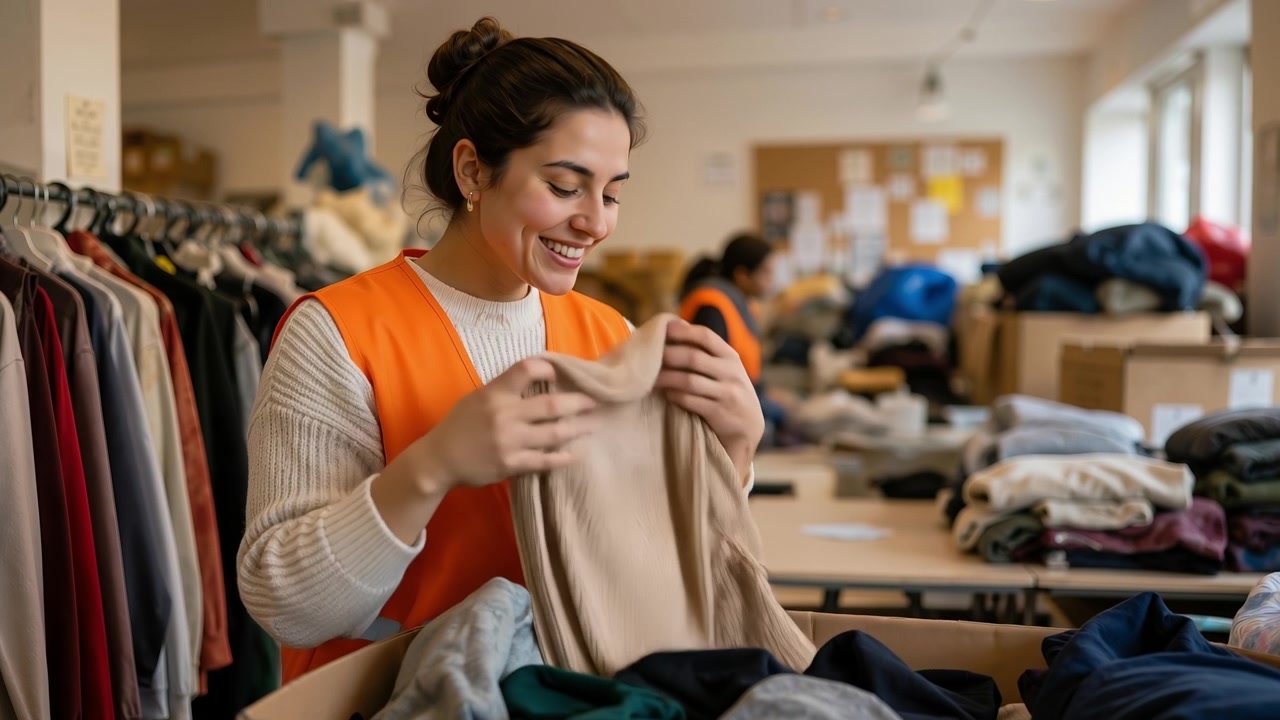 Volontaria sorridente che smista e piega vestiti da una scatola di donazioni in un centro comunitario.