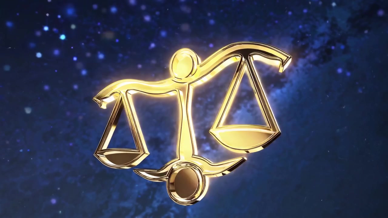 Símbolo dorado de la balanza de Libra equilibrándose en un cosmos estrellado