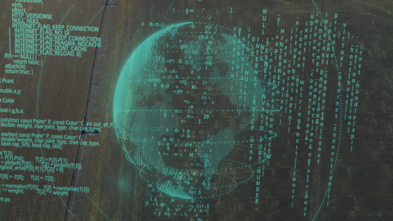 Digital globe with binary code and data processing animation over dark background