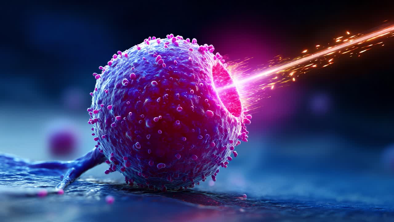 A high-energy illustration of a microscopically detailed female ovum being impacted by a concentrated laser beam, highlighting cellular structure and dynamics in a vivid, animated style