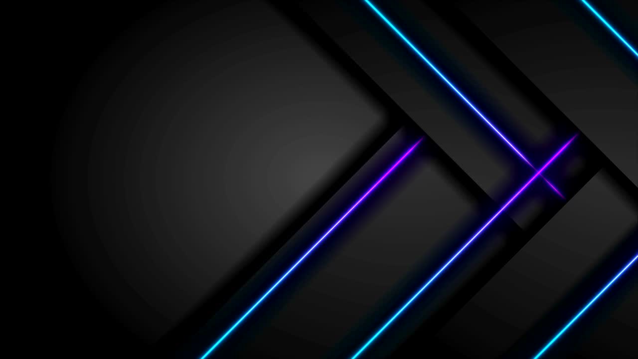 Sort tech abstrakt videoanimation med blå og lilla neonlaserlinjer