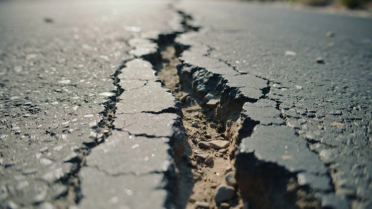 Rivelando una telecamera a bassa angolazione che avanza su una strada assolata, esponendo una fessura con il bagliore di ciottoli di sabbia.