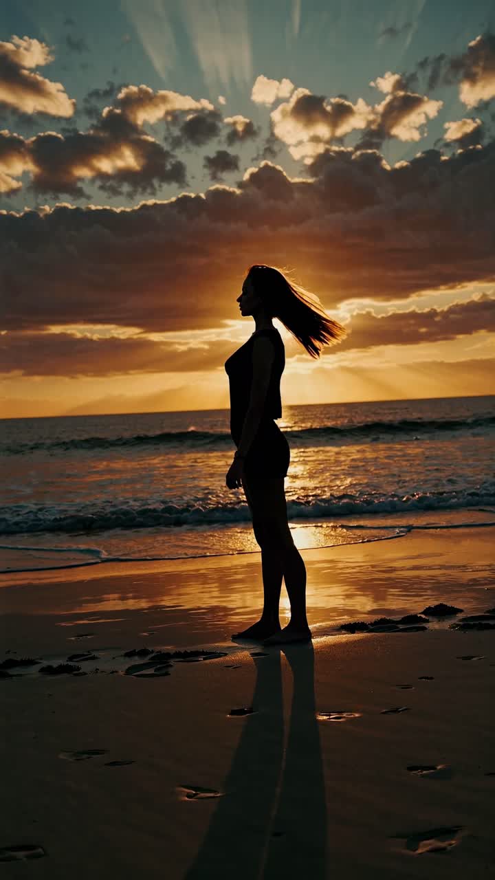 Silhouette of a woman against a vibrant sunset, hair flowing in the wind