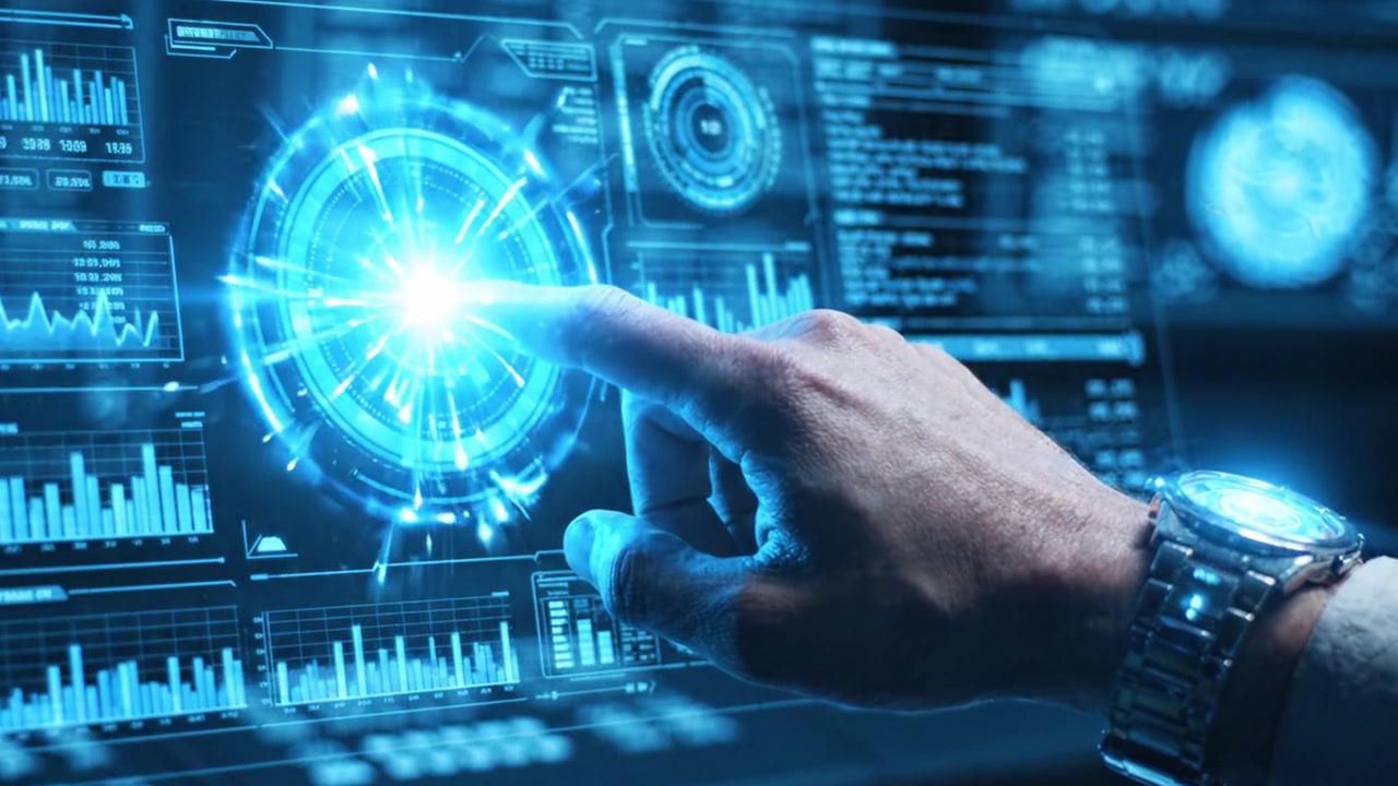 Exploring Advanced Data Analytics: A User Interacting with Real-Time Graphs and Statistical Displays on a High-Tech Touchscreen Interface
