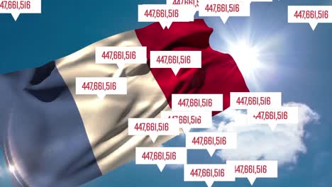 Animation-of-the-French-flag-over-bubble-speech-with-increasing-number-in-a-blue-sky-background