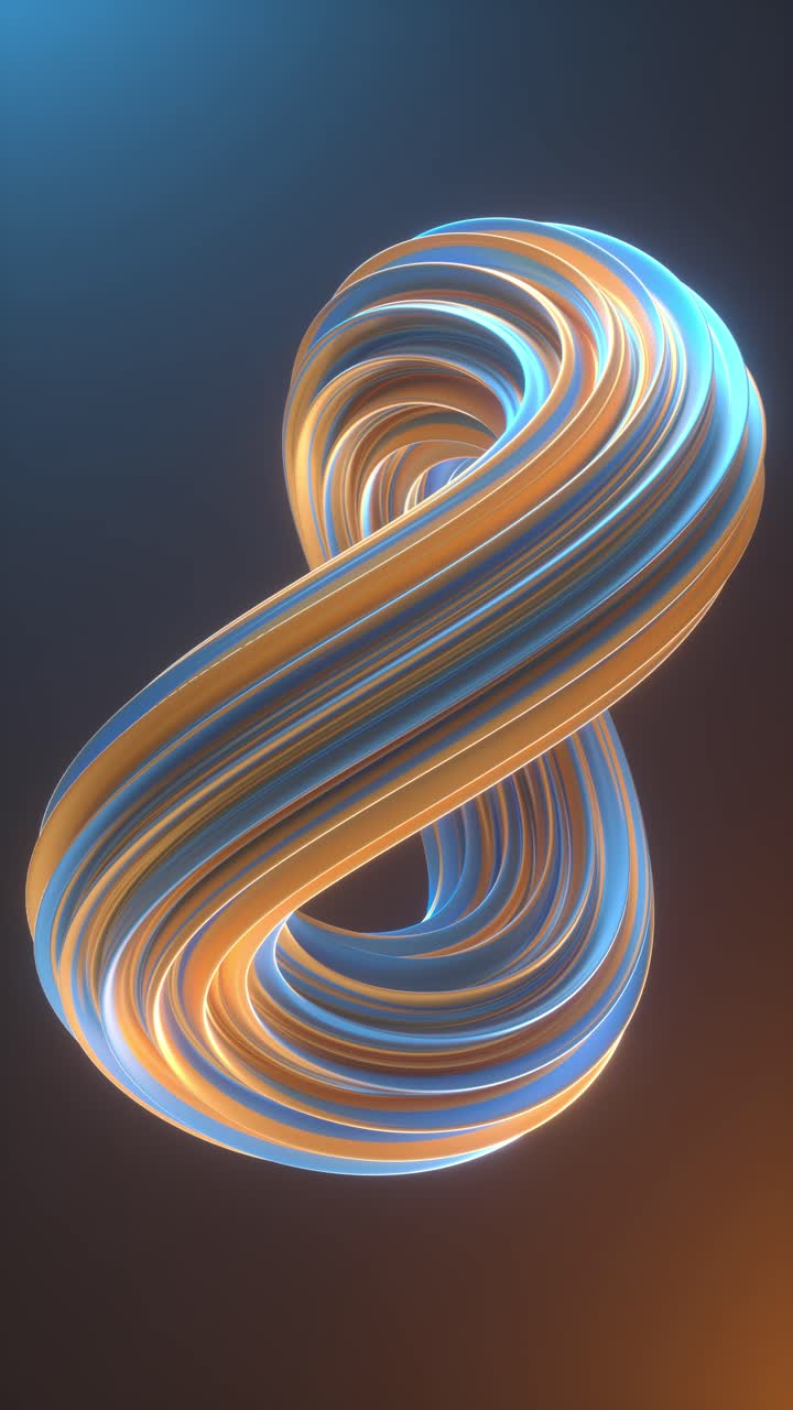 3D animation Of Twisted Colorful blue and orange abstract wave shapes over neon light background. vertical