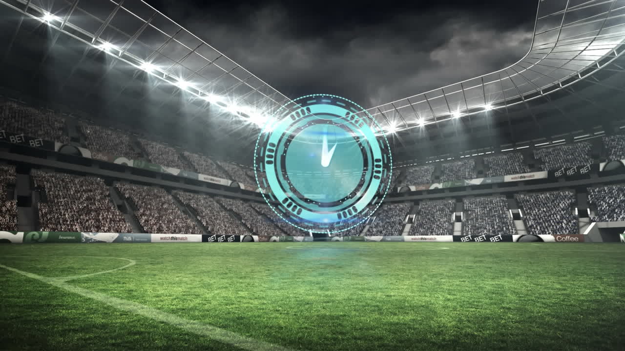Animation of clock moving fast over sports stadium