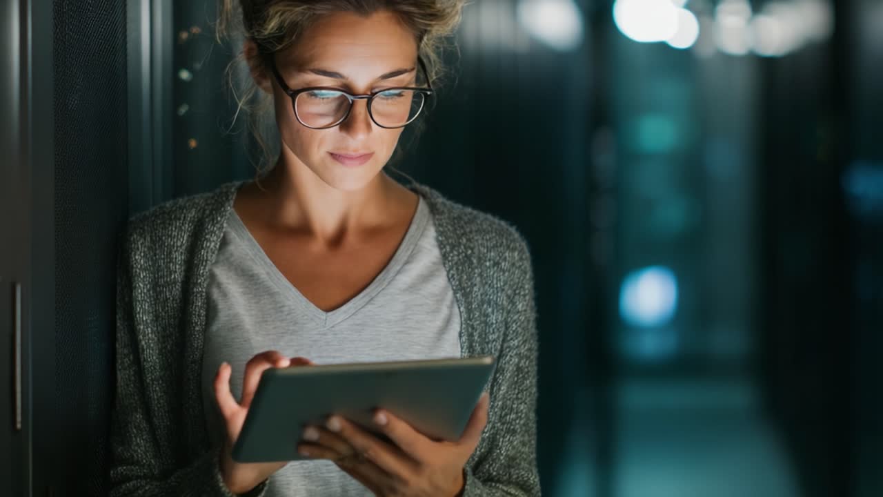 Un professionista concentrato impegnato nel lavoro digitale, illuminato da una luce soffusa in un ambiente server ad alta tecnologia.