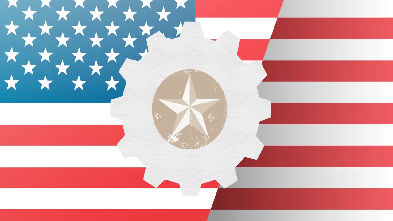 Animazione della stella della Festa del Lavoro su ingranaggio e bandiera americana