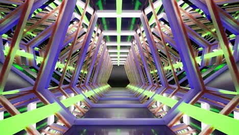 sci-fi futuristic long tunnel with metallic surfaces and neon lights glowing, 3d animation, camera zoom in