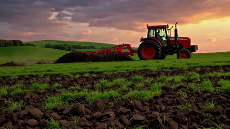 red tractor plowing a field at sunset
