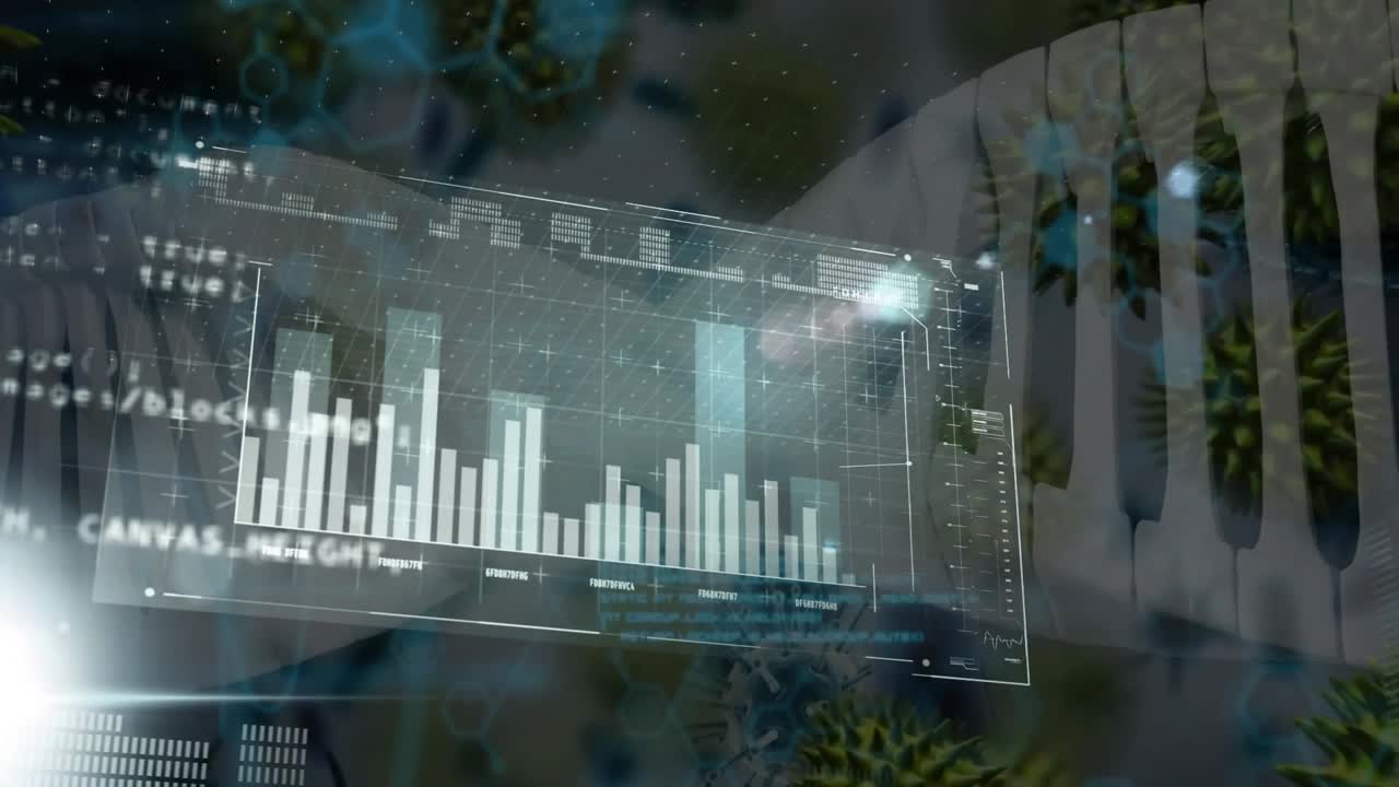 cyan stråle aktiverer holografisk panel, der roterer, mens det genererer et diagram, der repræsenterer DNA-virusdata