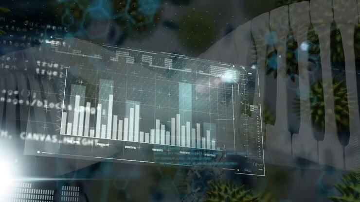 cyan stråle aktiverer holografisk panel som roterer mens den genererer et diagram som representerer DNA-virusdata