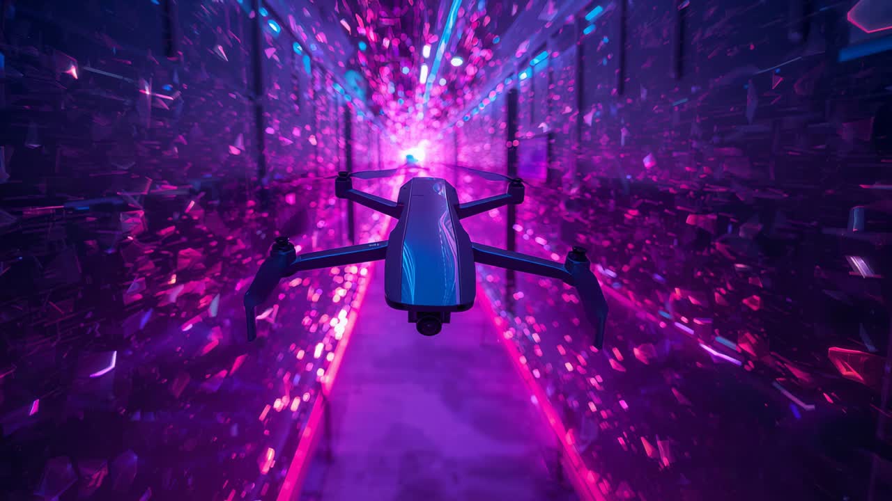 Flying quadcopter drone advancing through mirrored magenta-cyan corridor, approaching bright light