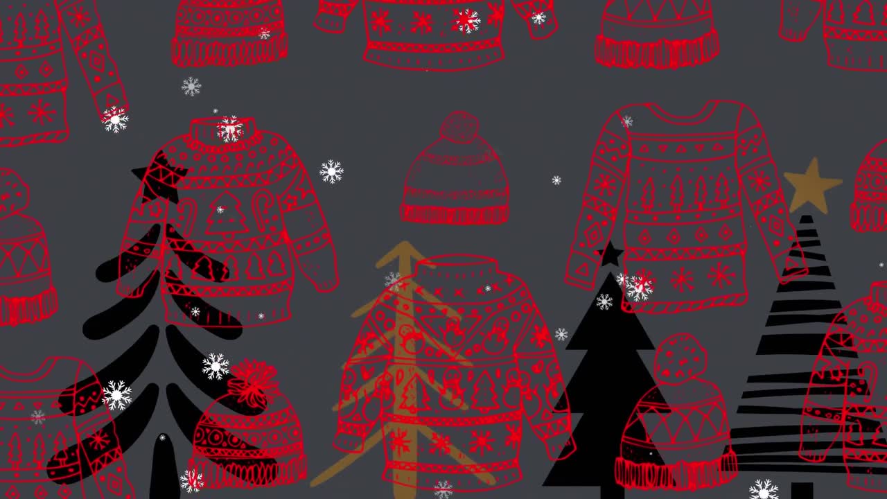 크리스마스 트리 아이콘에 맞춰 무 ⁇  없는 패턴으로 크리스마스 스웨터와 모자 위에 떨어지는 눈송이