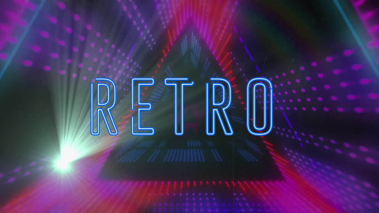 animación de un cartel de texto retro de neón y un punto de luz contra un túnel triangular en un patrón sin costuras