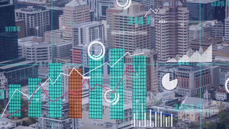 animation of icons and data processing over cityscape