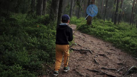 a child catches butterflies with a net