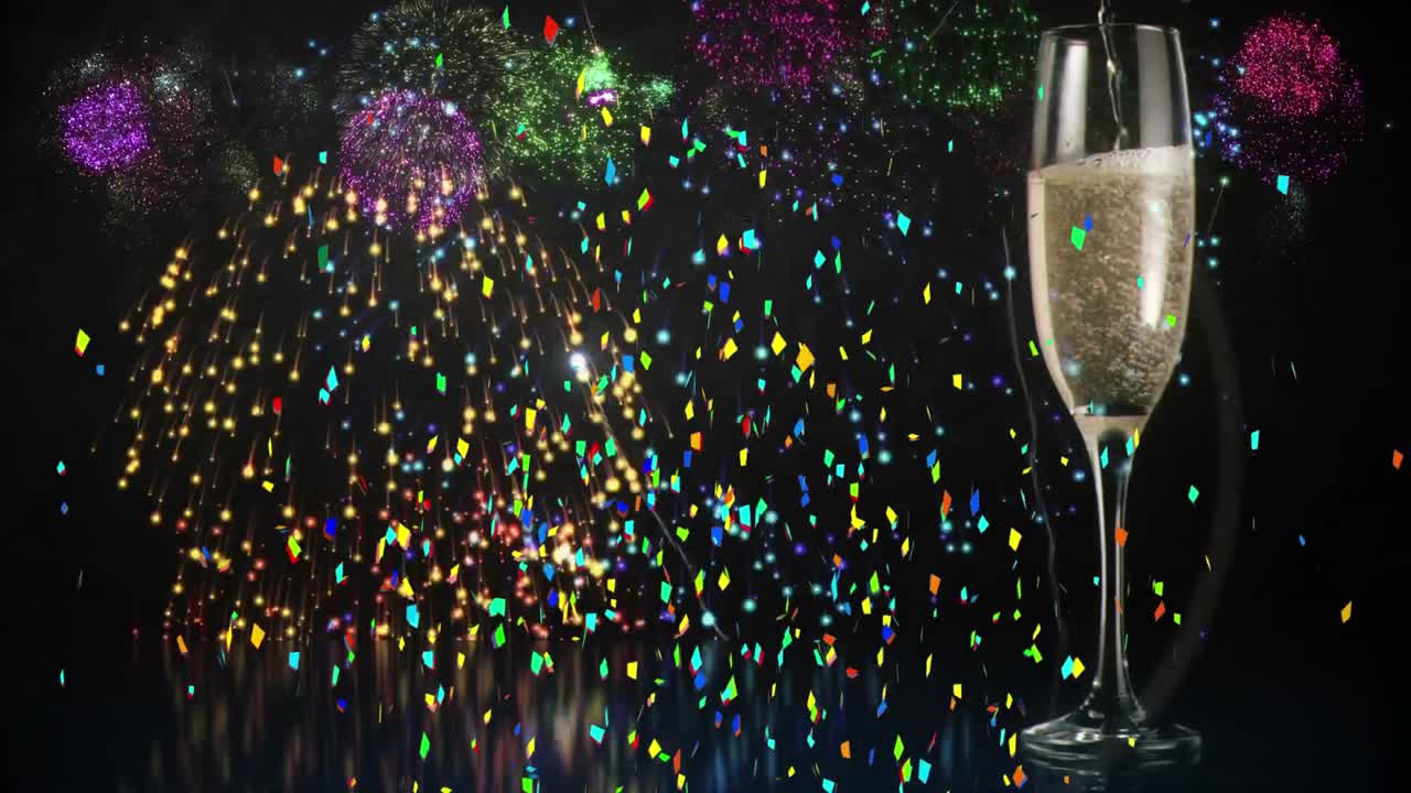 Animatie van veelkleurige confetti, vuurwerk en een champagneglas