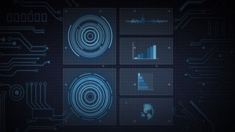 animation of scope scanning, processor elements and data processing on screens over grid