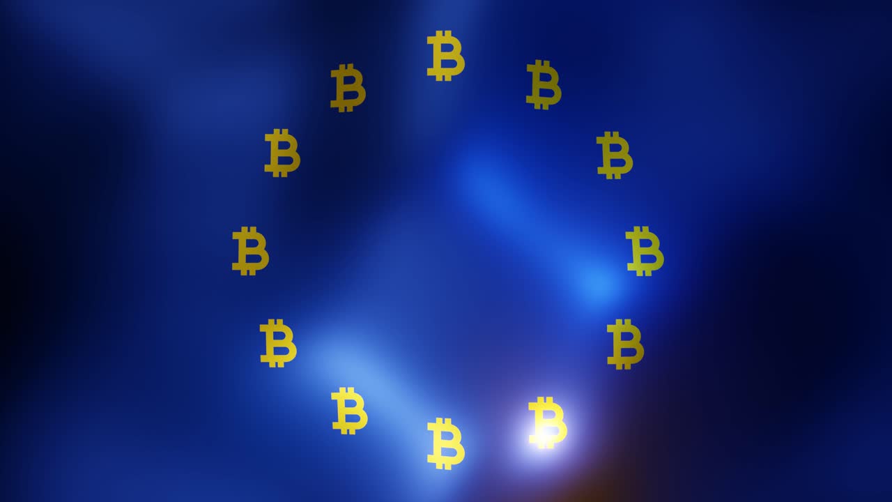 Bitcoin regulation background animation of EU flag with Bitcoin symbol replacing stars