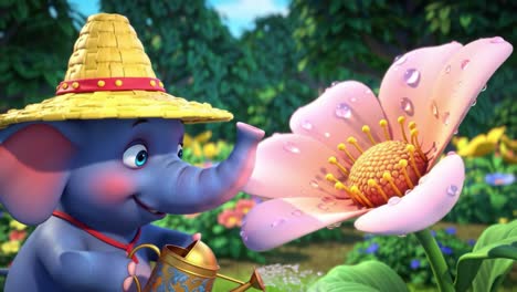 a cheerful elephant in a straw hat joyfully waters a vibrant flower, showcasing the beauty of nature and the joy of nurturing growth in a colorful garden setting