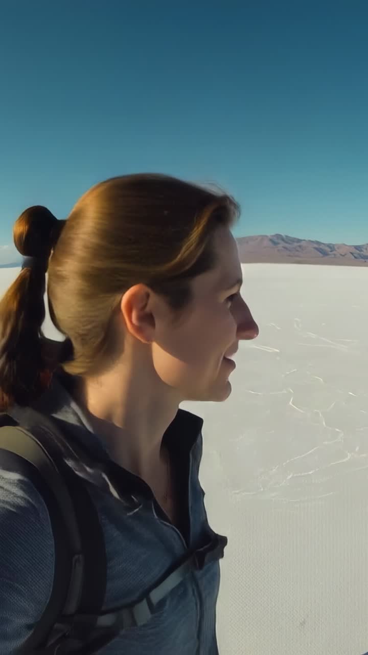 Vídeo vertical: Mulher de blusa cinza tirando selfie, virando e observando o salar para ver a cordilheira, mochila