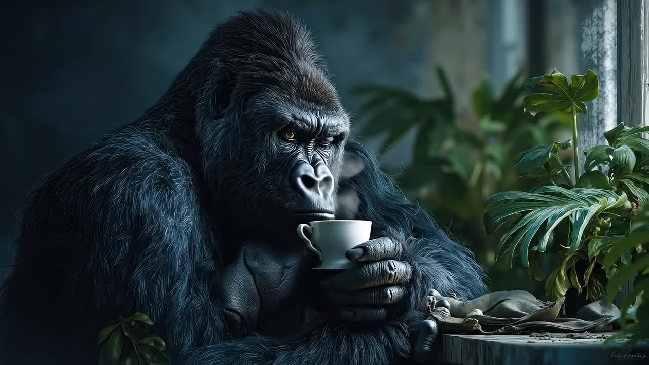 En gorilla, der sidder ved et bord med en kop kaffe