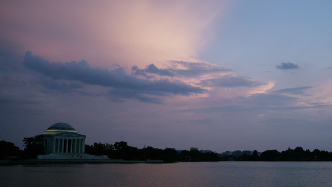 Jefferson Memorial cloudy colorful sunset.
