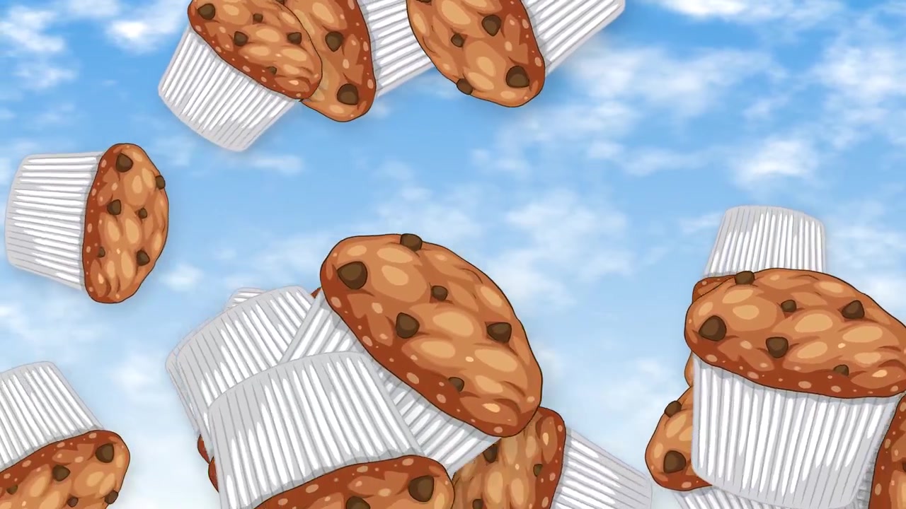 Cartoon chocolate chip muffins fall and tumble against a sunny blue sky with clouds.