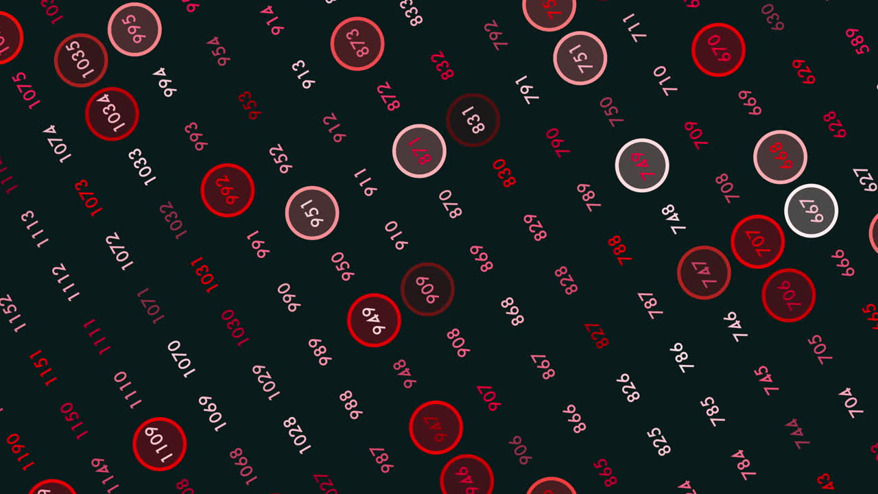 Abstract footage of rotating numbers with circular highlights on a dark background, representing data visualization, statistics, analytics, cybersecurity, and technology