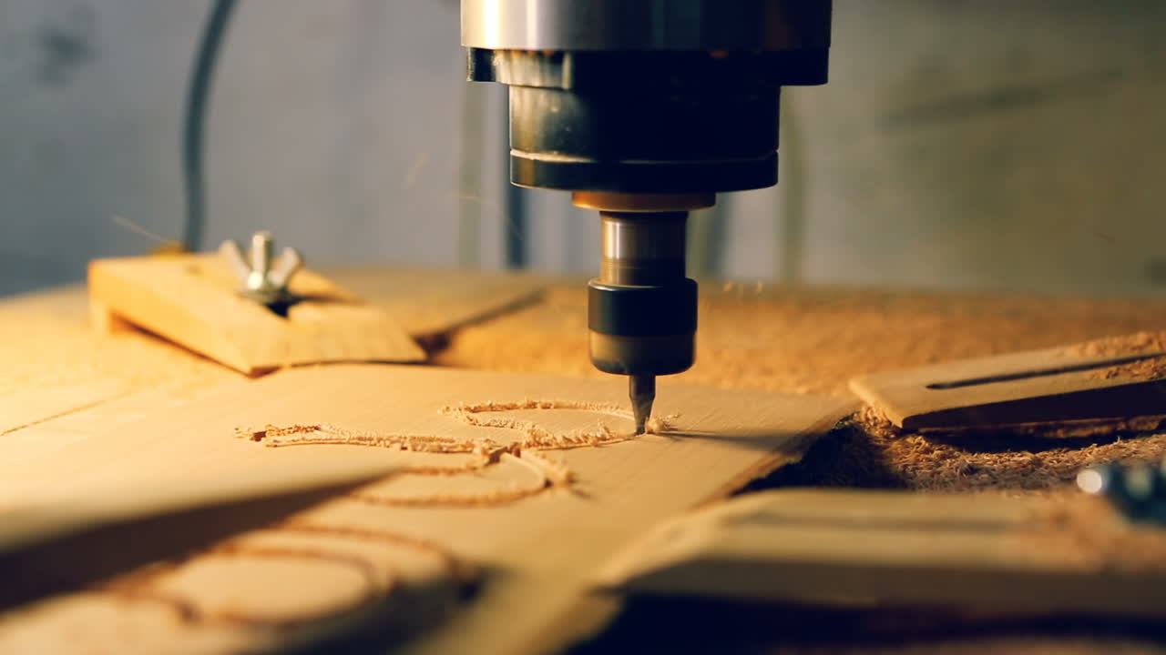 Wood Cut Machine Moves Above Working Table. Industrial wood cut machine moves above working table and drills