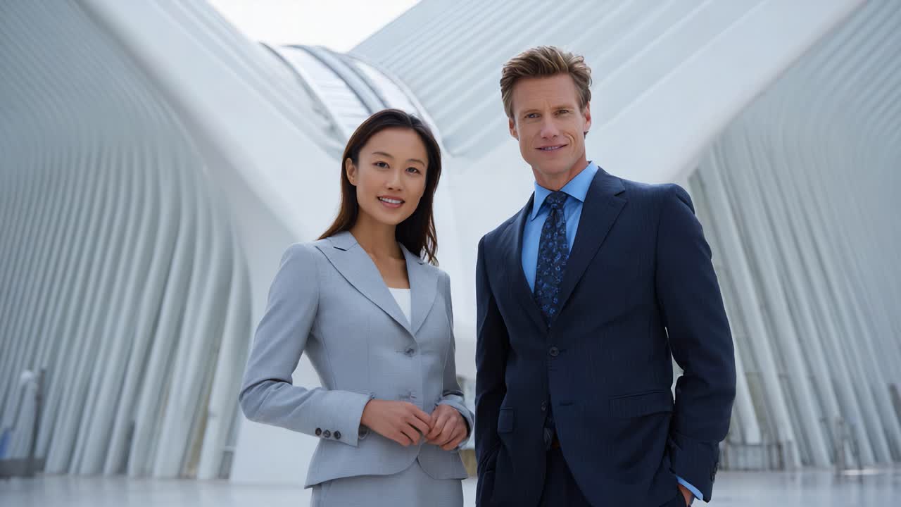 A Confident Business Duo Poses for a Professional Photograph in a Modern Architectural Setting, Showcasing Their Style and Poise in a Sleek Urban Environment
