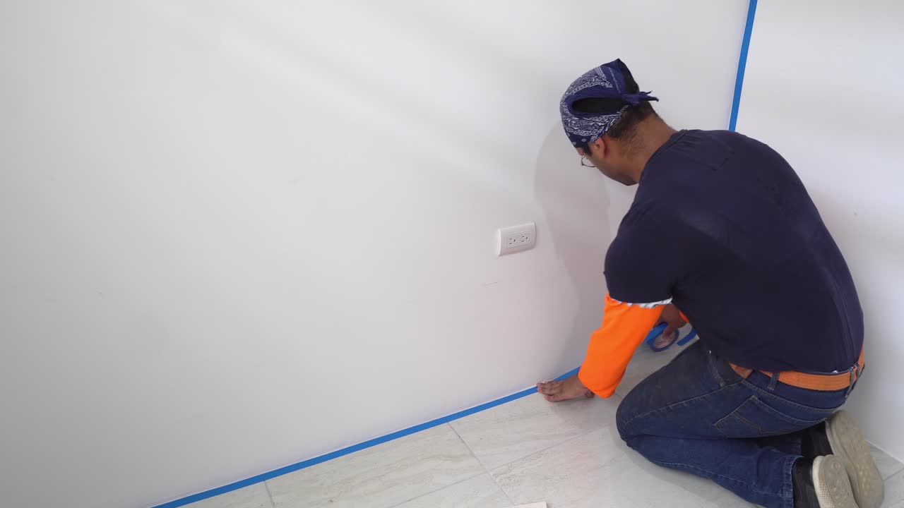 pintor usando cinta azul de enmascaramiento, preparación para la pintura de la habitación - disparo de ángulo alto