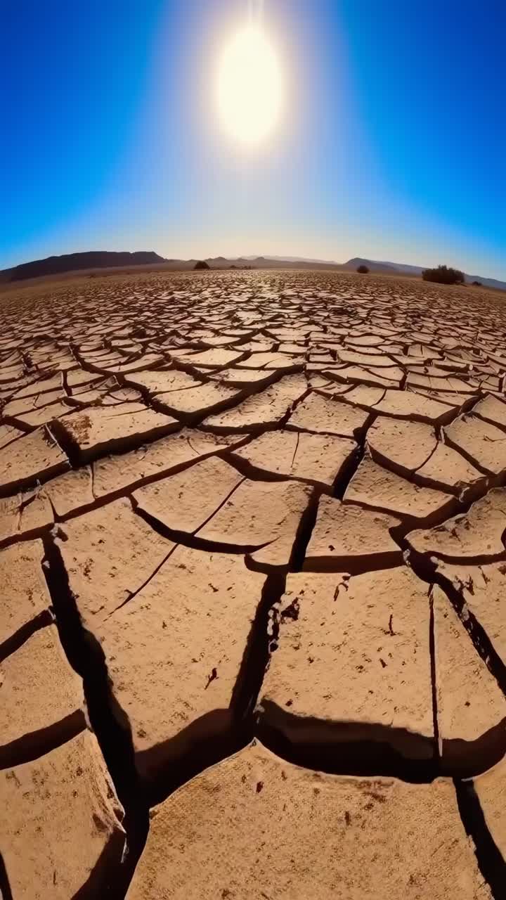 Ripresa video grandangolare di un suolo desertico crepato sotto un sole splendente, che mette in risalto la bellezza arida.