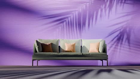 modern green sofa with beige pillows placed against purple striped wall with palm leaf shadow. contemporary interior furniture setup in minimalist scene. tropical summer atmosphere concept for design