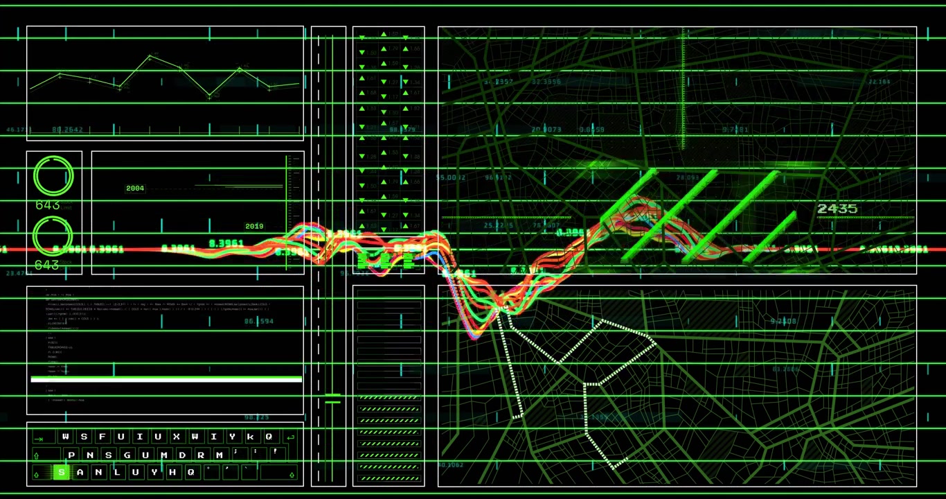 Inizio di una forma d'onda colorata con picchi in aumento, sovrapponendo indicatori HUD che si aggiornano, etichette che mostrano variazioni di dati