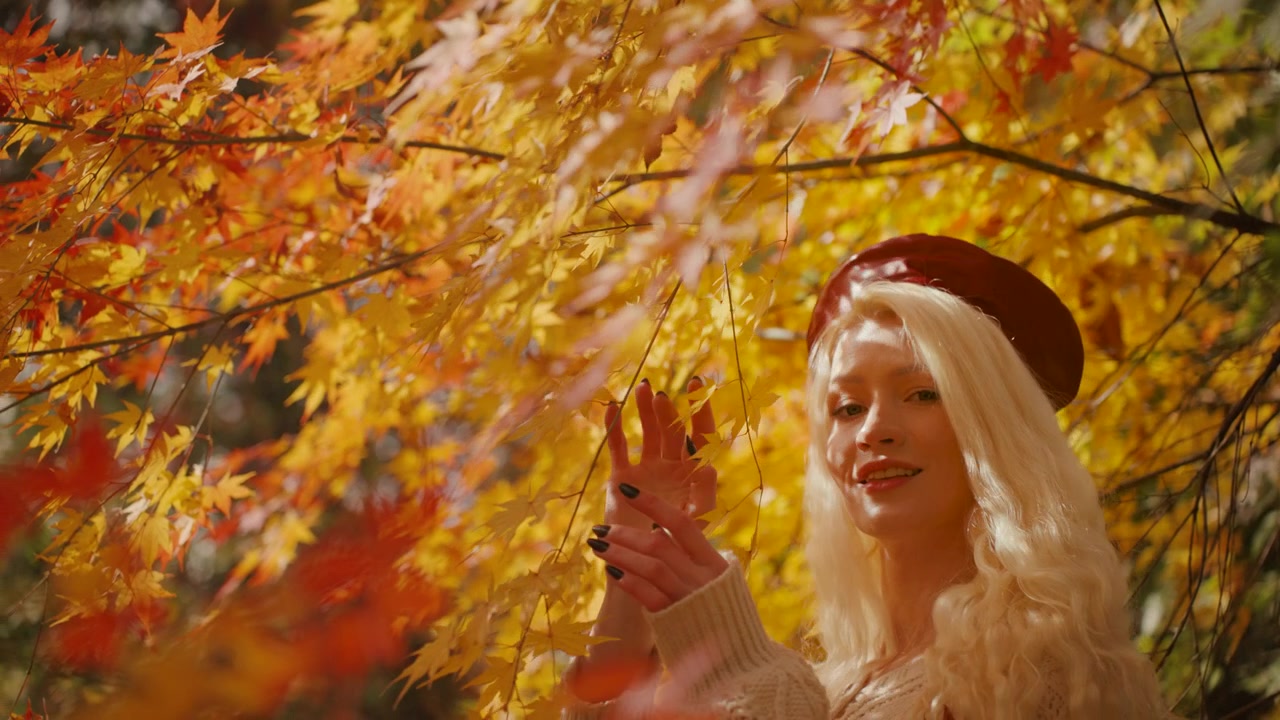 Frau bewundert leuchtende japanische Ahornbäume im Herbst im Yangjae Forest Park, umgeben von Herbstlaub, geheimnisvolles Lächeln, Zeitlupe.