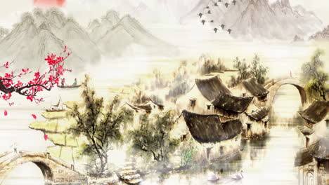 Mysterious-Peaceful-nature-Traditional-Chinese-style-ink-landscape-retro-dreamy-plum-blossom-national-village-of-morning-sky,-mountains,-flowers,-ancient-house-with-Japanese-anime-watercolour-style