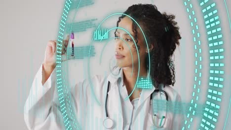 Animation-of-data-processing-over-biracial-female-doctor-with-test-tube