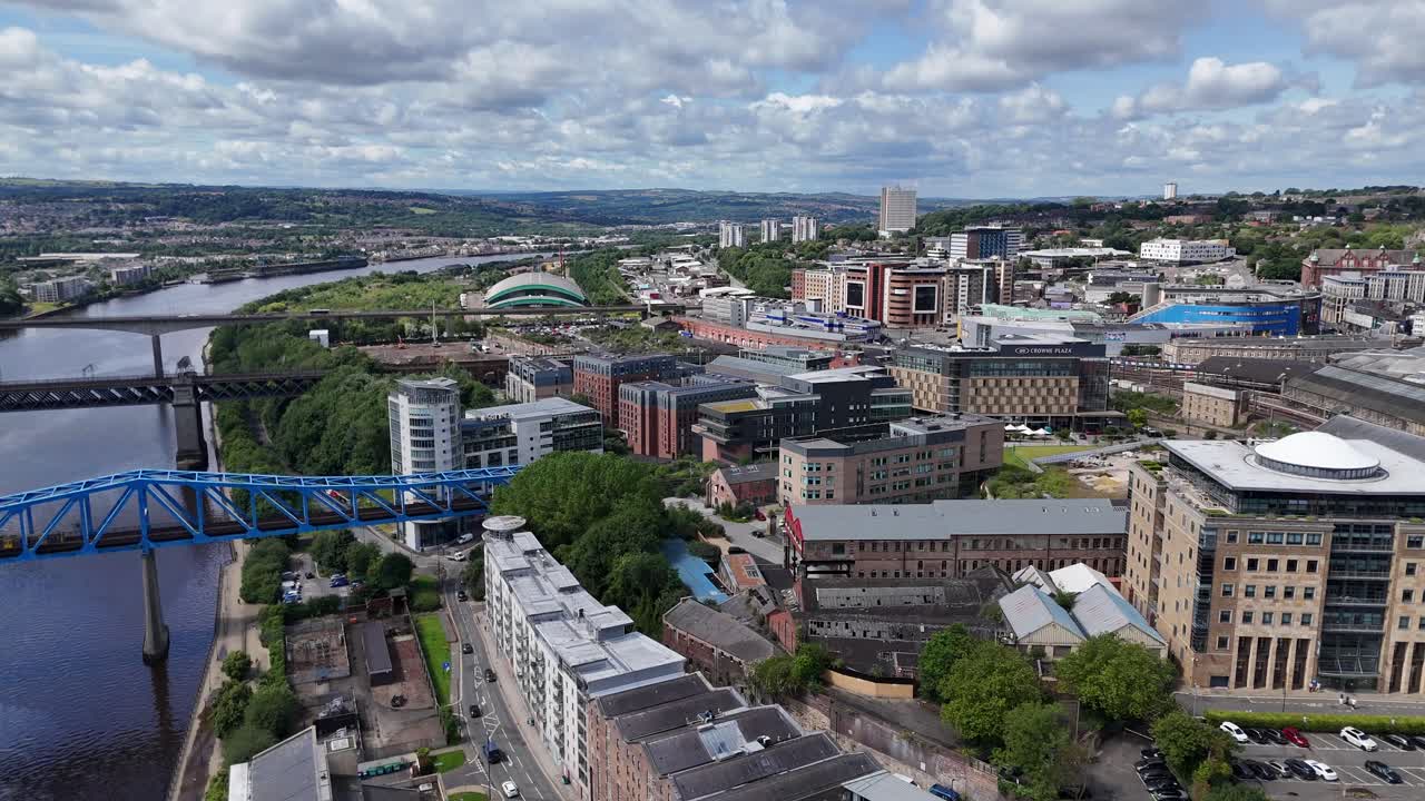 Drone Aerial View Footage Newcastle Upon Tyne City Tyneside Geordie North East England UK Gateshead Bridge